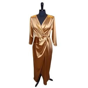 JM Studio Metallic Gold Maxi Dress Wrap Cocktail Evening Formal 14
